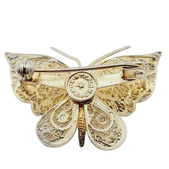 Vtg Filigree Sterling Silver W/ Gold Vermeil Butterfly Brooch Delicate Ornate - Picture 4 of 8